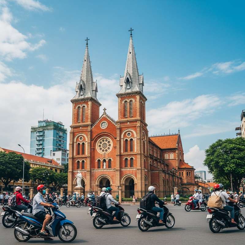 Notre Dame Cathedral Saigon visited during student motorbike tour