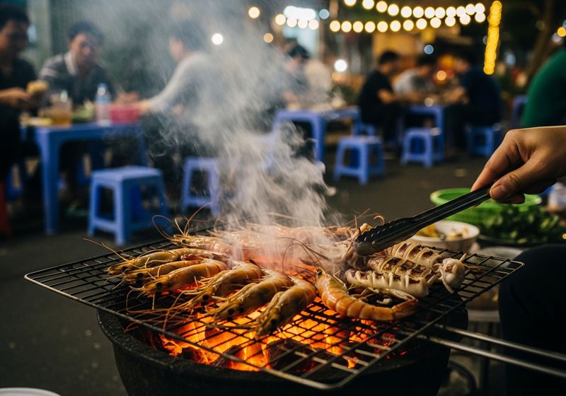 Grilled seafood on charcoal at a Saigon night market