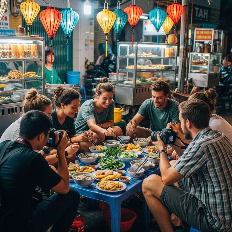 Travelers enjoying Vietnamese street food at local stall with student guide in Saigon