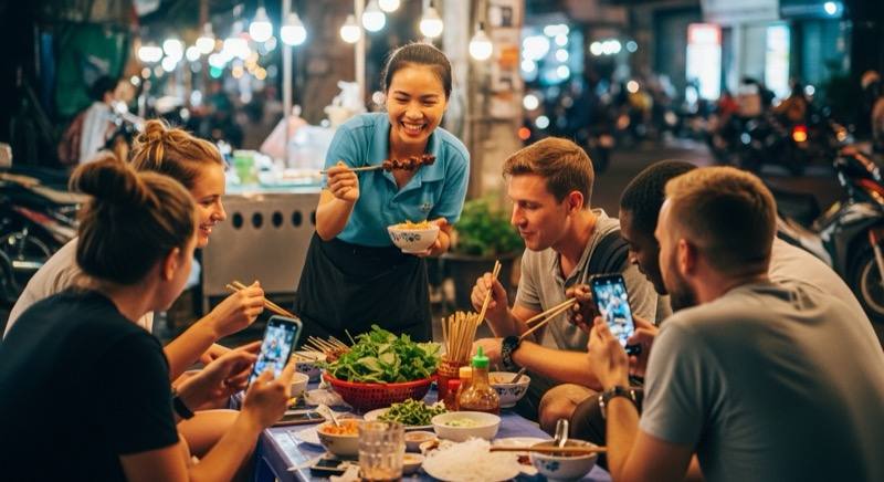 A local guide and two travellers ordering at a Saigon food stall