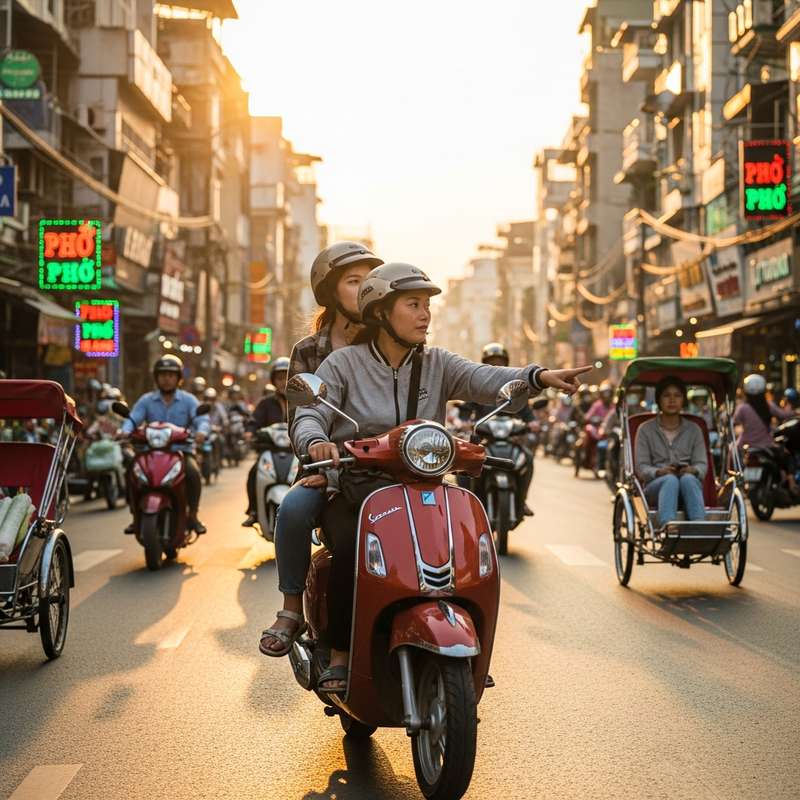 Vietnamese student guide on motorbike with tourist in Ho Chi Minh City
