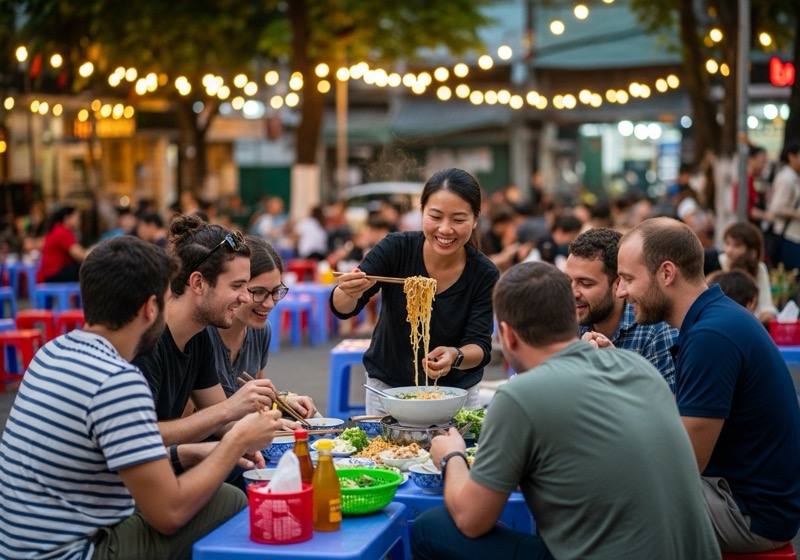 Happy tourists and local guide enjoying street food together during Saigon motorbike food tour
