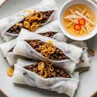 Vietnamese vegan steamed rice rolls with mushroom
