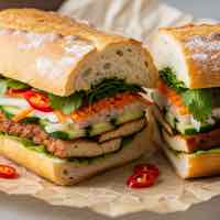 Vietnamese vegan banh mi sandwich with tofu and pickled vegetables