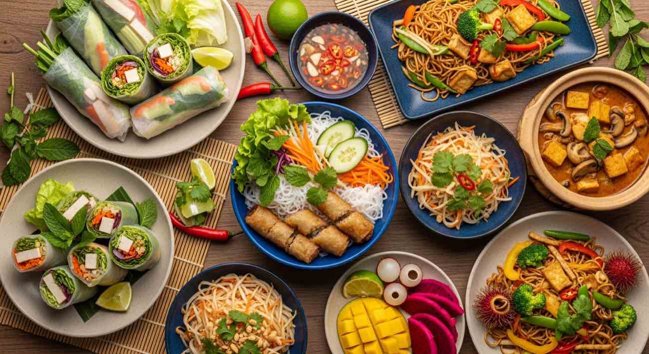 Vietnamese vegan food spread with pho chay, fresh spring rolls, and tropical herbs on a Saigon street food table