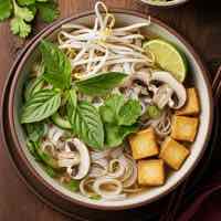 Bowl of Vietnamese vegan pho with tofu and fresh herbs