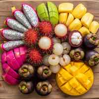 Vietnamese tropical fruit platter with dragon fruit and mangosteen