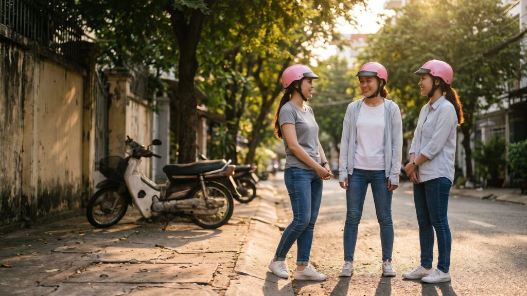 Three Miss Saigon Tours guides in pink helmets taking a break on a Saigon street
