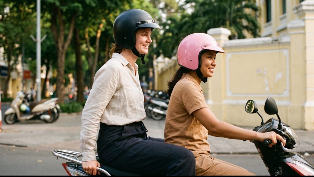 A Vietnamese woman guide in a pink helmet driving a motorbike with a Western passenger riding pillion behind her, tree-lined Saigon avenue