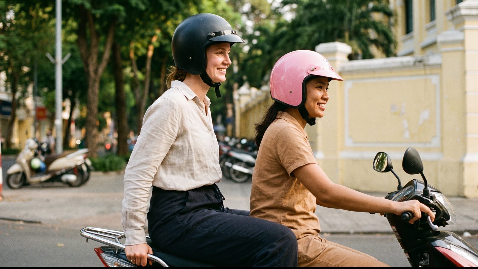 A Vietnamese woman guide in a pink helmet driving a motorbike with a Western passenger riding pillion behind her, tree-lined Saigon avenue