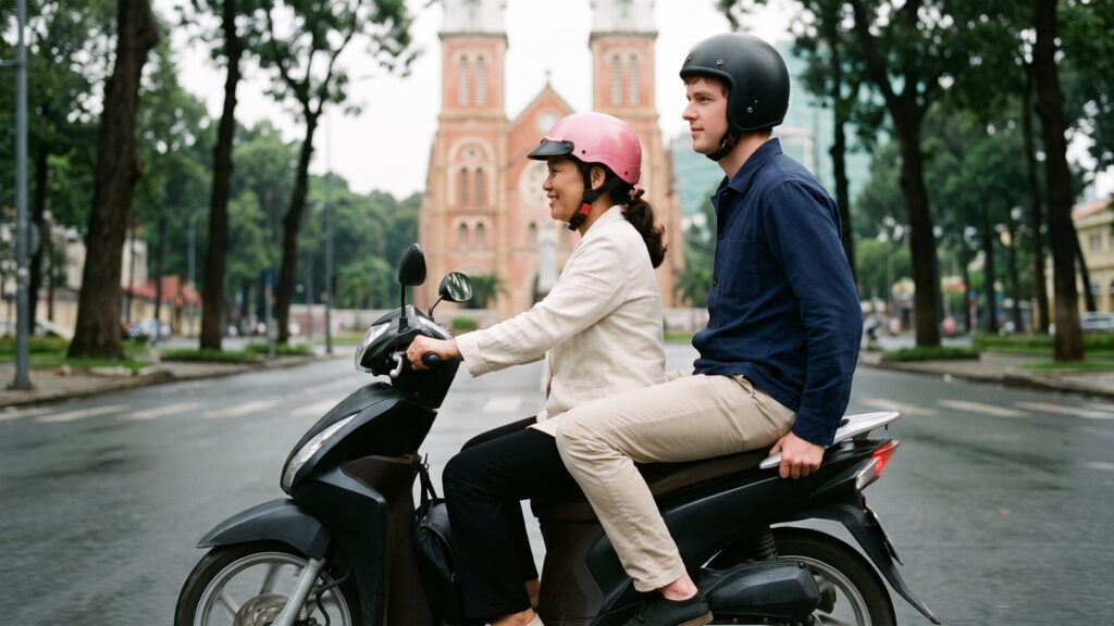 A motorbike guide riding a passenger past Notre-Dame Cathedral in Ho Chi Minh City