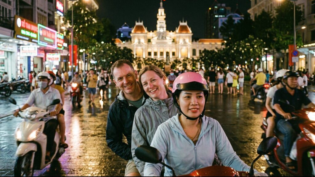 Female guide driving a scooter with a couple riding pillion past Saigon City Hall at night
