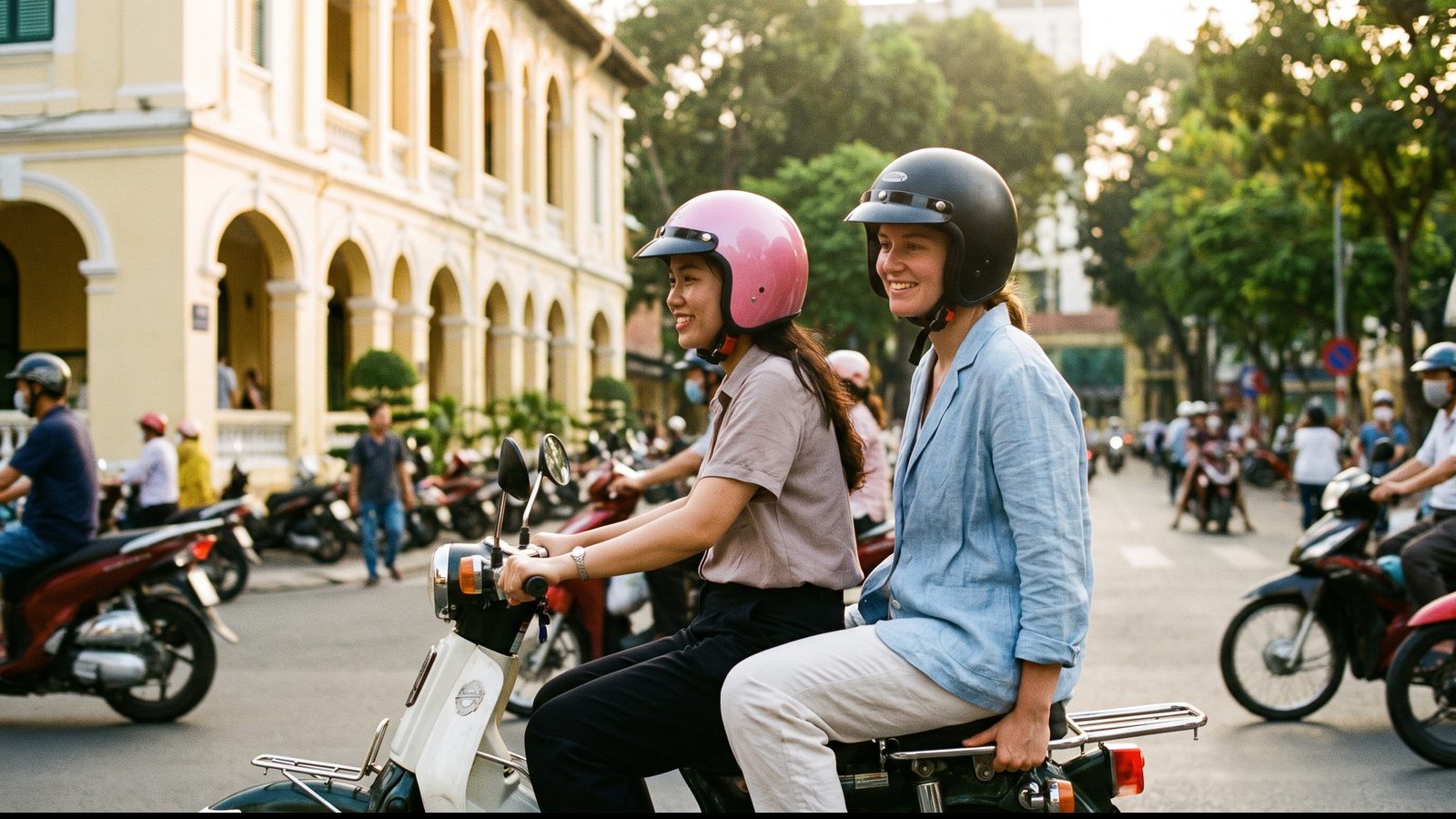 A Vietnamese woman guide in a pink helmet driving a motorbike with a Western passenger riding pillion behind her and holding the rear grab bar, tree-lined Saigon street