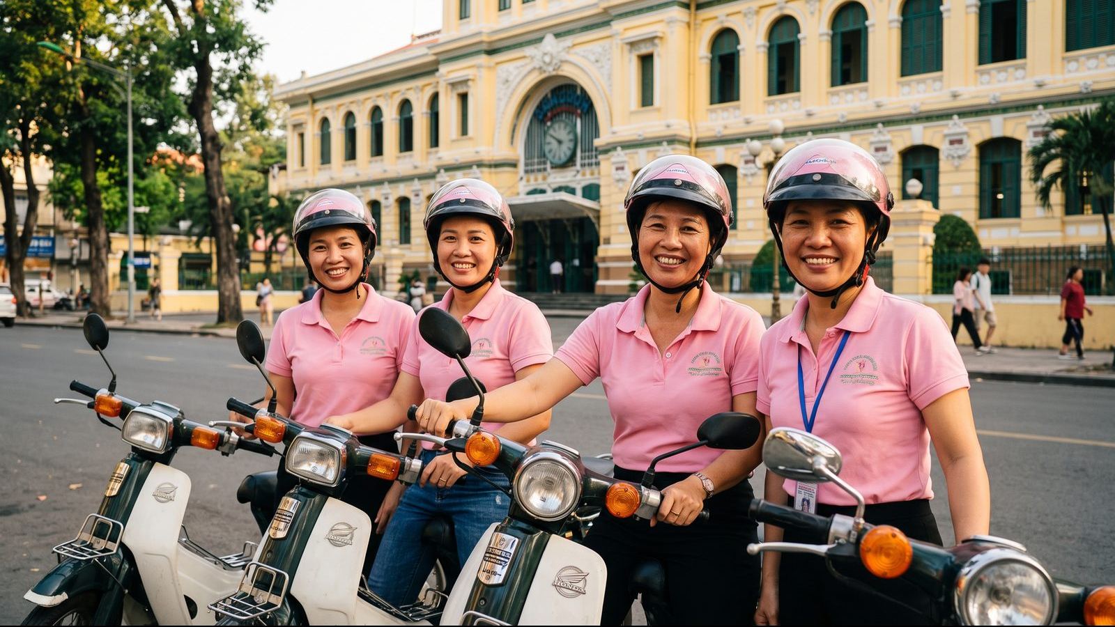 Four Miss Saigon Tours guides in pink helmets beside their scooters at the Saigon Central Post Office