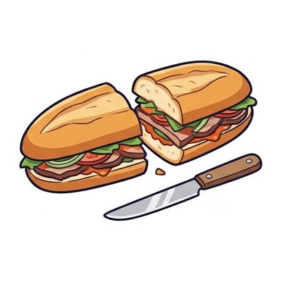 A banh mi cut in half beside a knife