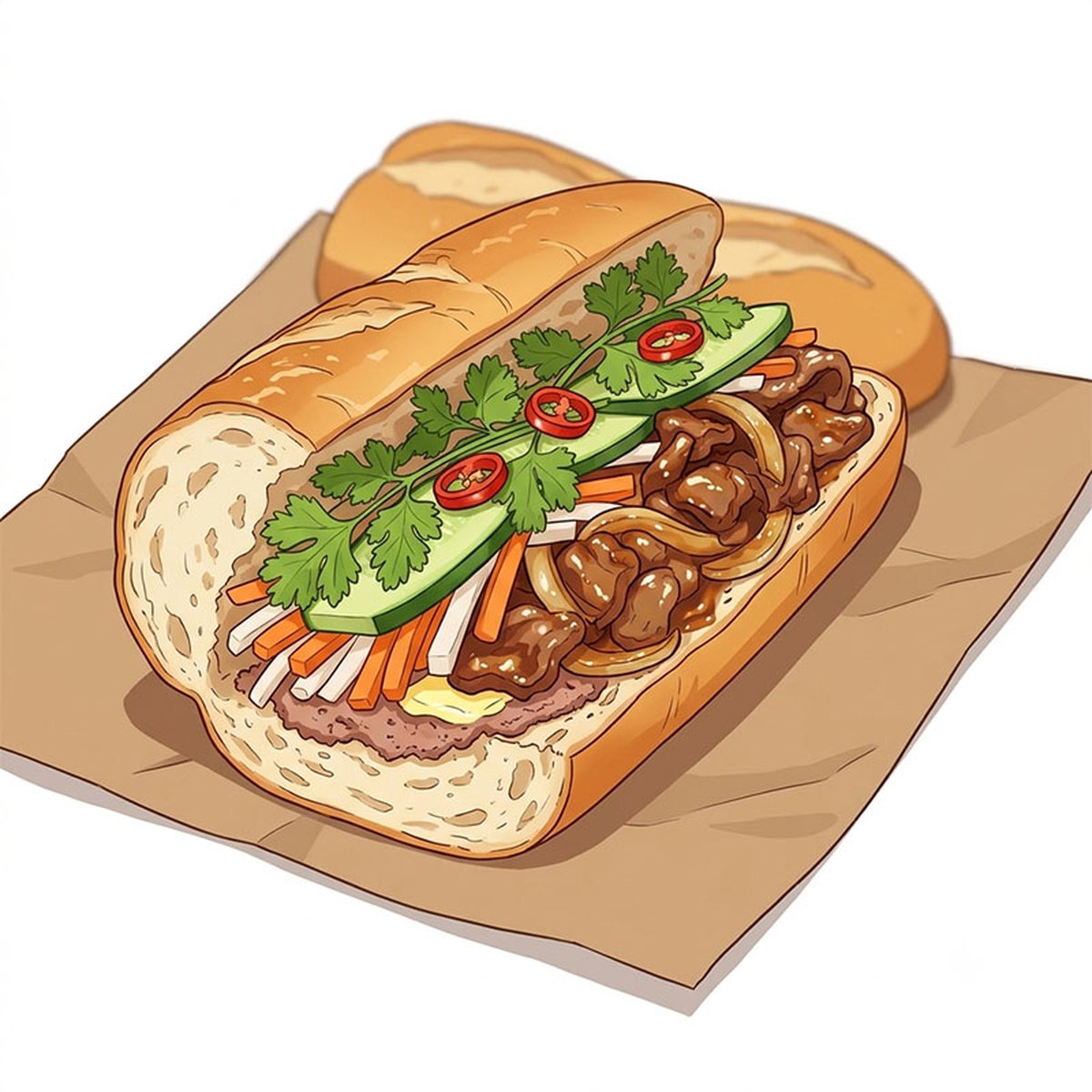 Illustration of a Saigon banh mi cut open, showing the crust, the pate and pickles, and the grilled beef