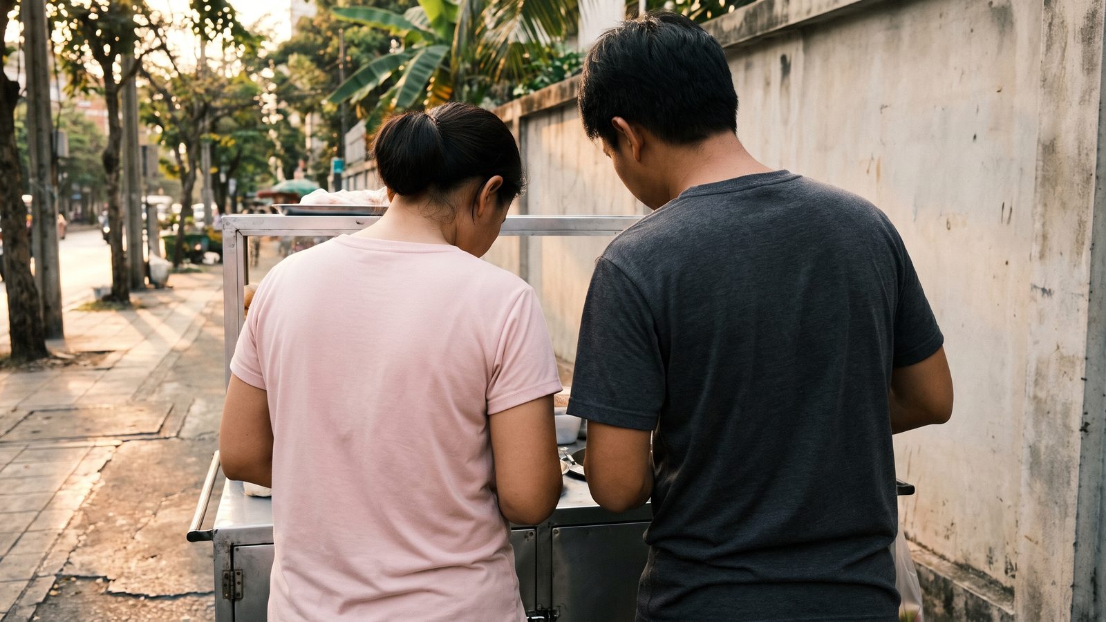 A visitor and a local guide seen from behind at a banh mi cart on a Saigon pavement, the guide in a pale pink top, hands out of frame, the street blurred behind them.