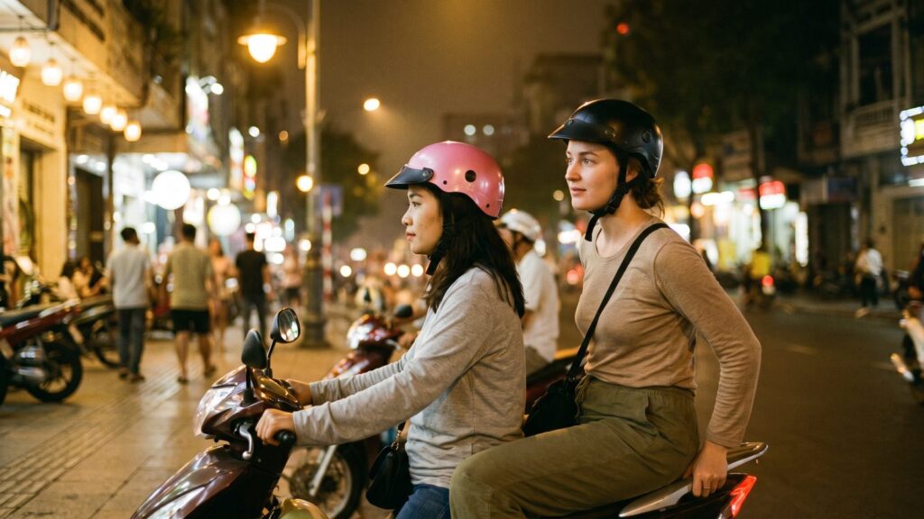 A local woman guide in a pink helmet driving a motorbike along a lit street in Ho Chi Minh City at night, with a passenger seated behind her