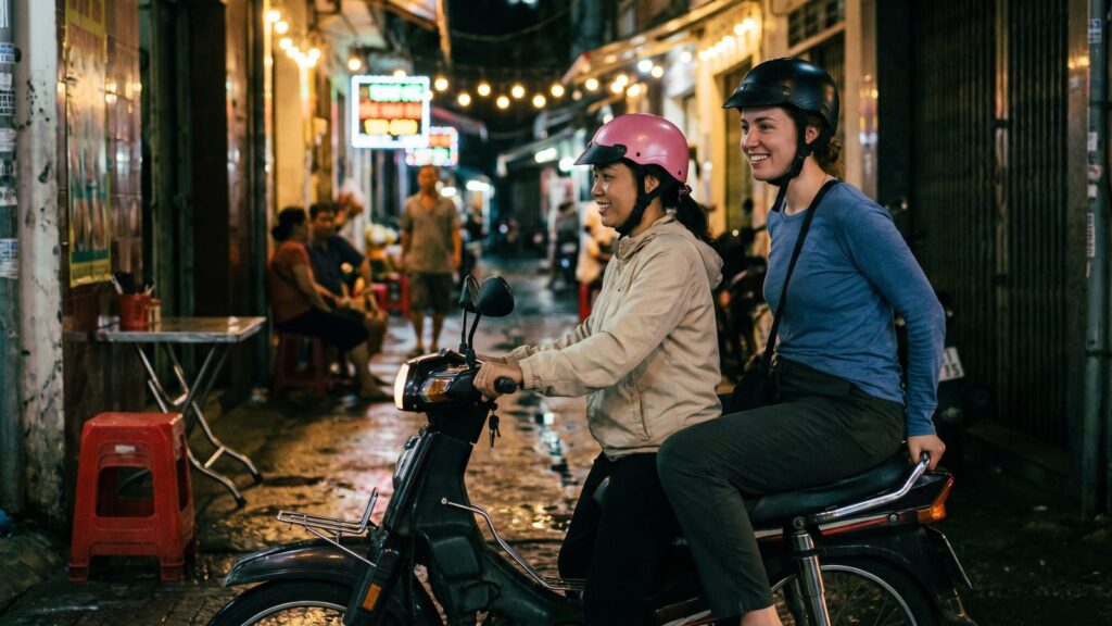 A local woman guide in a pink helmet driving a motorbike through a narrow night alley in Ho Chi Minh City, with a Western woman passenger seated behind her on the pillion seat