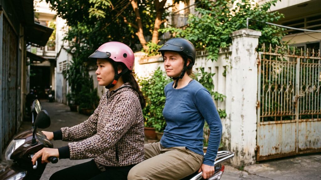 A local woman guide in a pink helmet at the handlebars of a motorbike in Ho Chi Minh City, with a passenger seated behind her and no readable branding on the bike