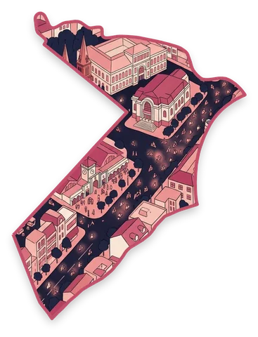 Illustrated District 1 of Saigon in its real shape, with Ben Thanh Market, the Opera House and the Central Post Office