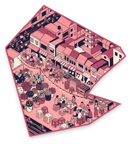 Illustrated District 10 of Saigon in its real shape, with the Ho Thi Ky flower and street food market at night