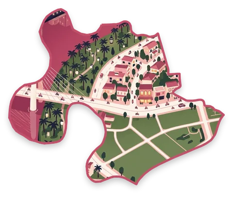 Illustrated District 2 of Saigon in its real shape, with the Ba Son bridge, the riverside park and Thao Dien villas