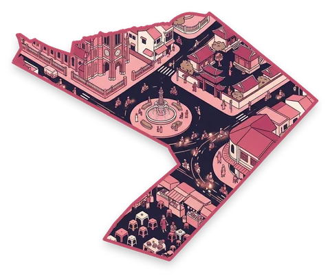 Illustrated District 3 of Saigon in its real shape, with the pink Tan Dinh church, Turtle Lake and street food alleys